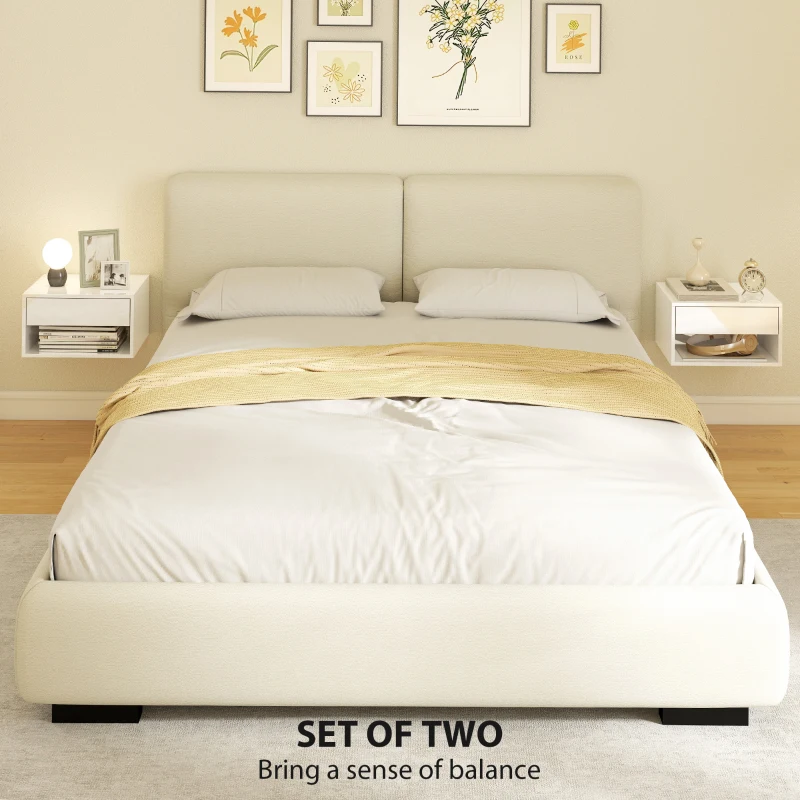 HOMCOM Set of Two Floating Bedside Tables, Wall Mounted Nightstand with Drawer and Open Shelf, High Gloss White