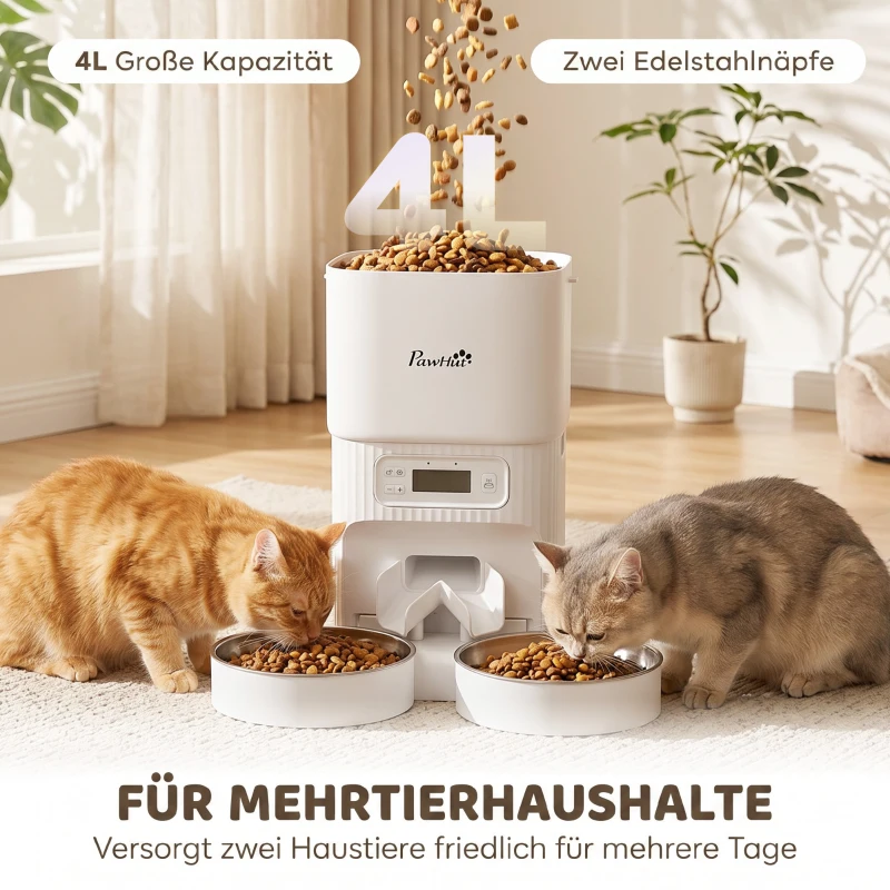 PawHut Automatische Kattenvoerautomaat met Timer, Portiecontrole en 2 Roestvrijstalen Bakken