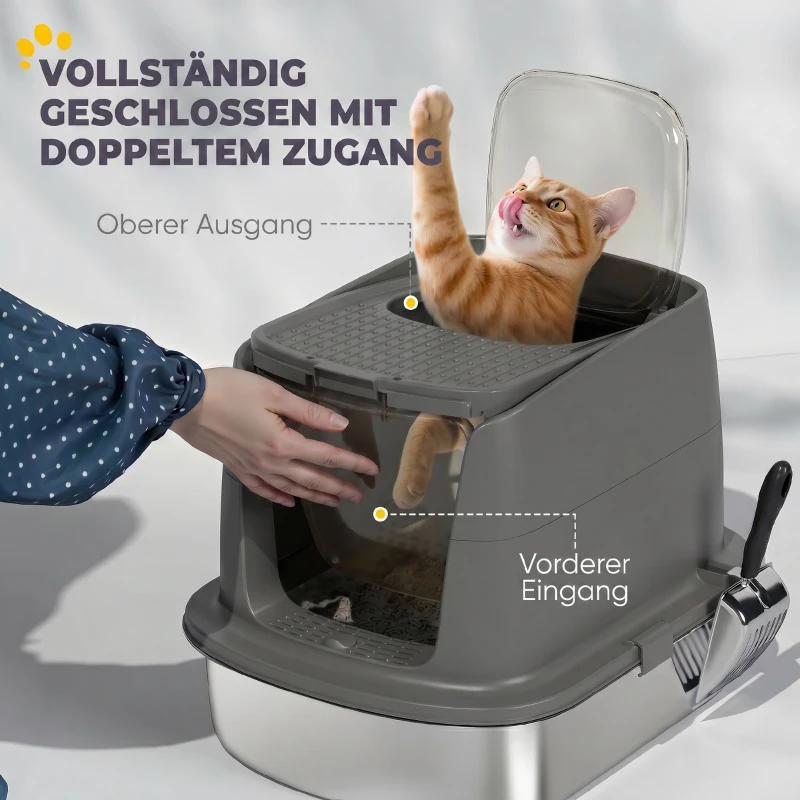 PawHut Grote roestvrijstalen kattenbak, gesloten kattenbak met metalen schep en deodoriser zakje, donkergrijs