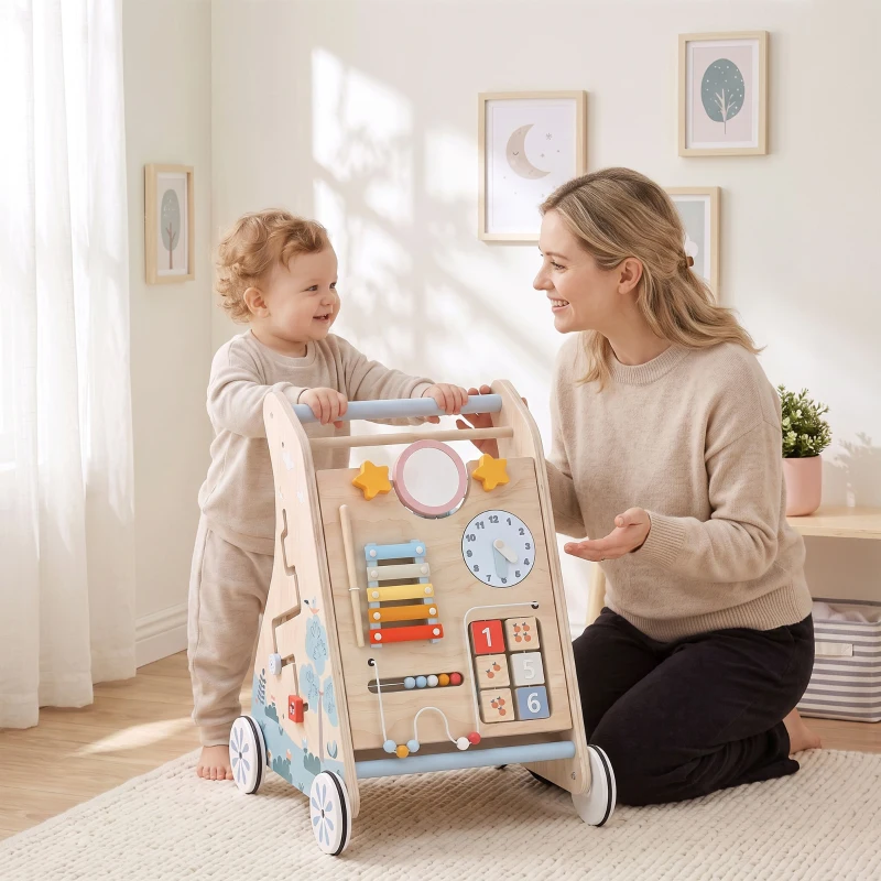 AIYAPLAY Wooden Baby Walker with Detachable Double-Sided Activity Board, Push Along Walker, Gift for Boys Girls 1-3 Years