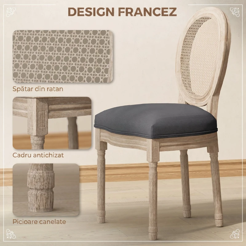 HOMCOM Set 2 Scaune de Dining Vintage, Material cu Efect de In, Spătar din Ratan Perforat, Picioare din Lemn, Gri