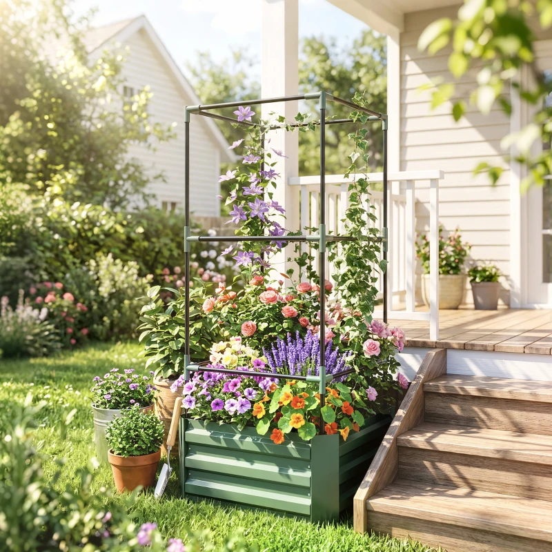 Outsunny Verhoogde plantenbak met klimrek, plantenbak met klimsteun, open bodem, weerbestendig, 61 cm x 61 cm x 140 cm, groen