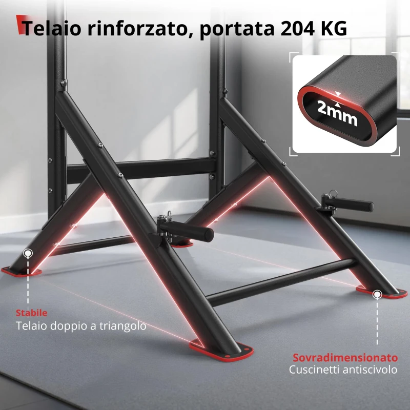 Power Tower Stazione per Dip, Barra per Trazioni, base a doppio triangolo, multifunzionale, 107,4x81,3x235 cm, Nero