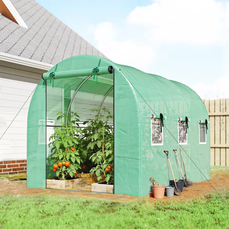 Outsunny Kas 3 x 2 x 2 m Foliekas met oprolbare 2 ritssluitingsdeuren & 6 gaasramen, steunstangen, groen