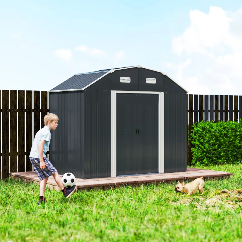 Outsunny Tuinhuis gereedschapsschuur tuinhuis, weerbestendig, 2 ramen, 2 deuren, 238 x 132 x 198,5 cm, Donkergrijs