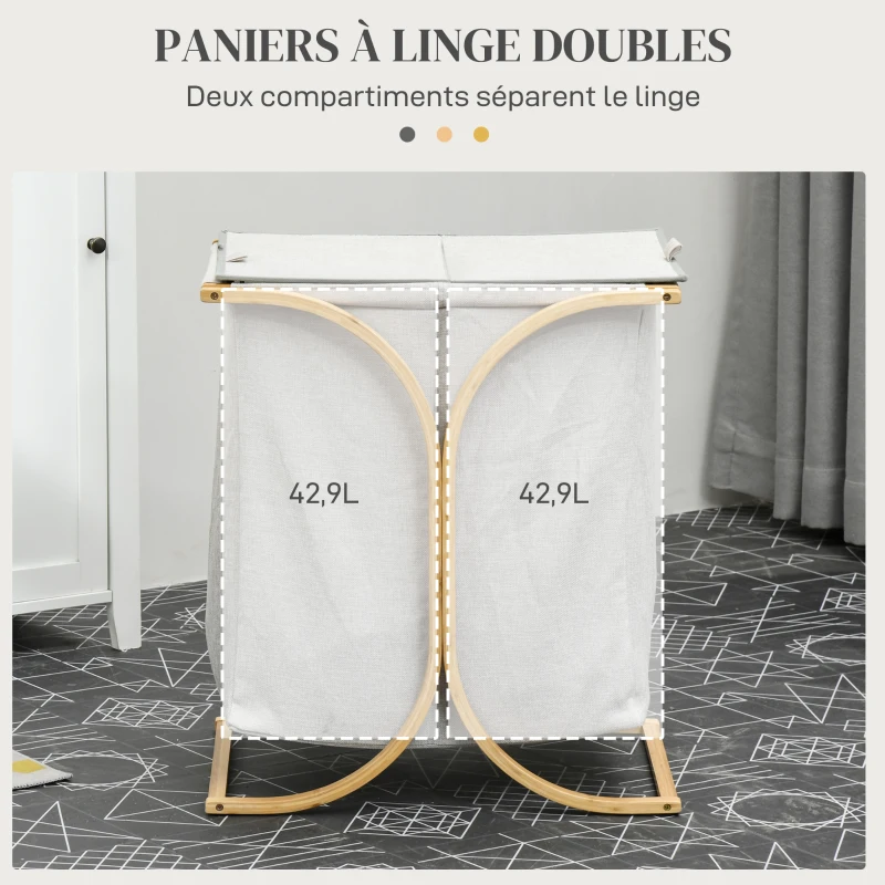HOMCOM Panier à linge sale panier de rangement bac en bambou 2 paniers en tissu avec couvercle - 55L x 40l x 62H cm gris foncé
