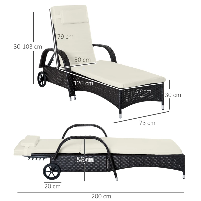 Outsunny Transat bain de soleil grand confort : matelas, têtière, inclinaison réglable multipositions, accoudoirs, roulettes résine tressée marron foncé
