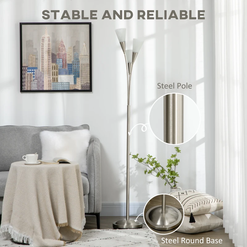 HOMCOM Modern Standing Lamp, 3-Light Upright Floor Lamps for Living Room, Silver Tone