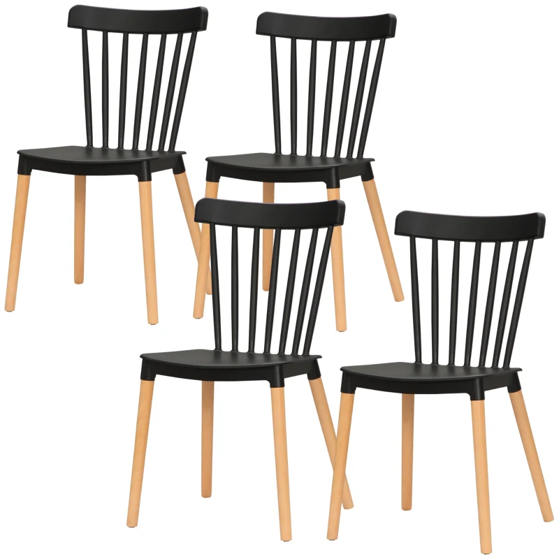 HOMCOM Juego de 4 Sillas de Comedor Estilo Nórdico con Respaldo de Polipropileno y Patas de Madera 48x52,5x83 cm Negro