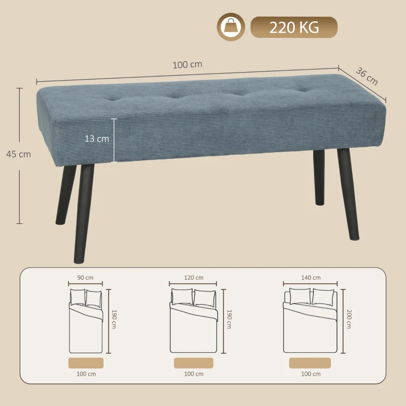 HOMCOM Upholstered Bedroom Entryway Bench, Modern Corduroy Tufted End of Bed Bench with Padded Seat and Steel Legs, Blue