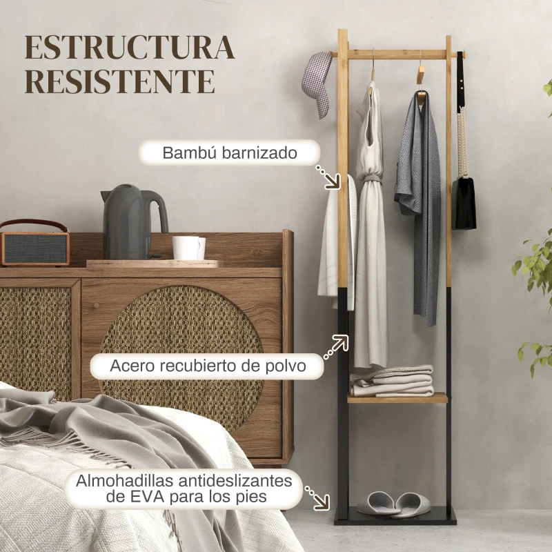HOMCOM Perchero de Pie de Bambú con 2 Estantes 2 Ganchos 5 Barras con Estructura de Acero para Colgar Ropa Natural y Negro