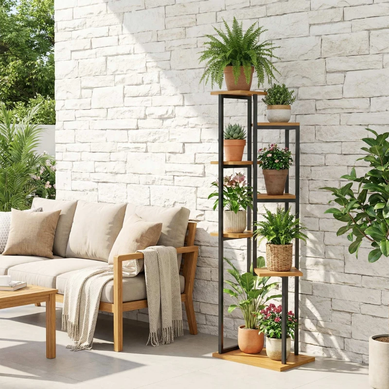 Outsunny 7-lagen Plantenstandaard, 130 cm hoge Bloemenstandaard, Trapsgewijs Plantenrek van Hout, Meerlagig Lichtbruin