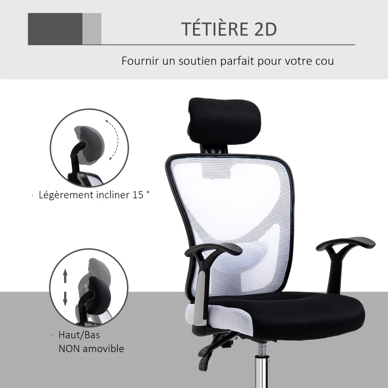 Vinsetto Fauteuil de bureau, chaise de bureau en maille avec hauteur réglable, dossier inclinable, 62x67x118cm, noir et blanc
