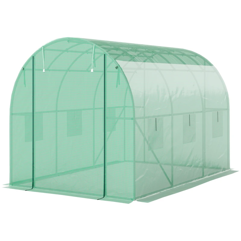 Outsunny Polytunnelkas met kunststof hoes en stalen frame, begaanbare kas met oprolbare deuren, Groen