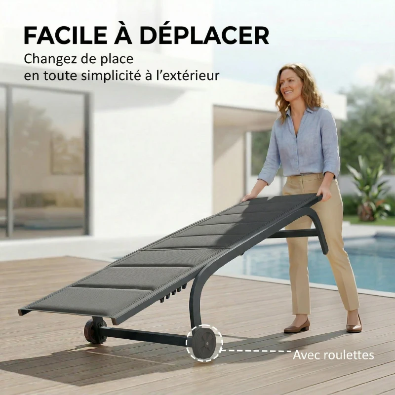 Outsunny Bain de Soleil en Aluminium, Dossier Réglable 6 Positions avec Roues, Rembourrage Intégré, 62x165x94cm, Gris Foncé