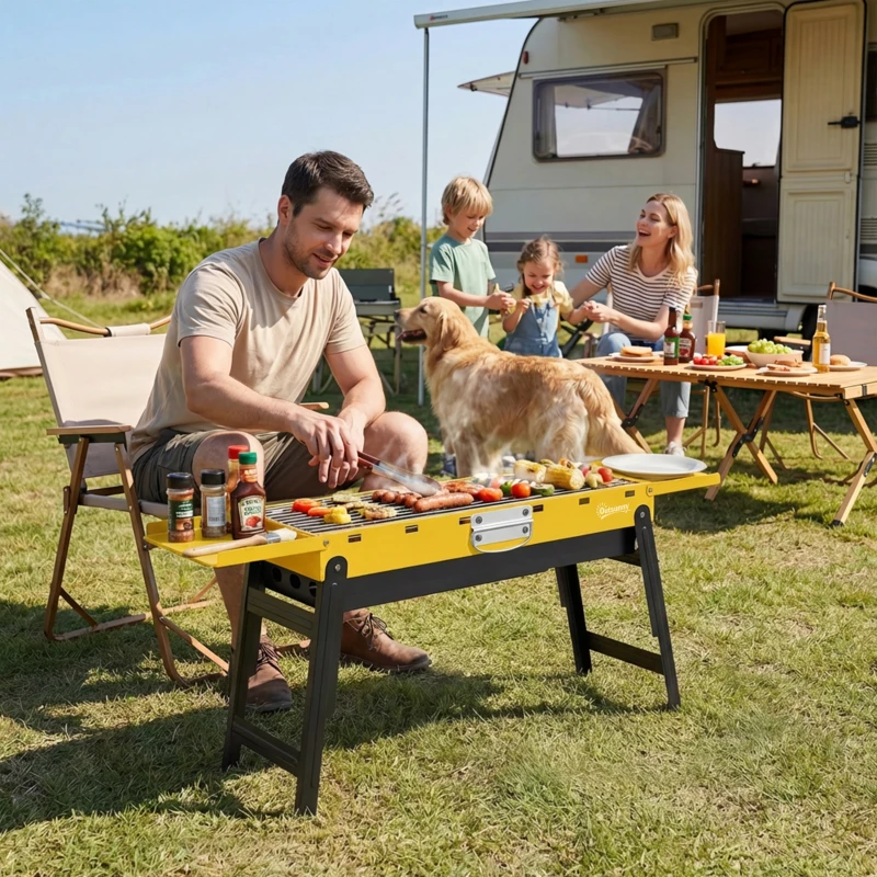 Outsunny Portable BBQ Grill, Foldable Charcoal Grill for Camping and Picnics with 2 Side Shelves and Handle, Yellow