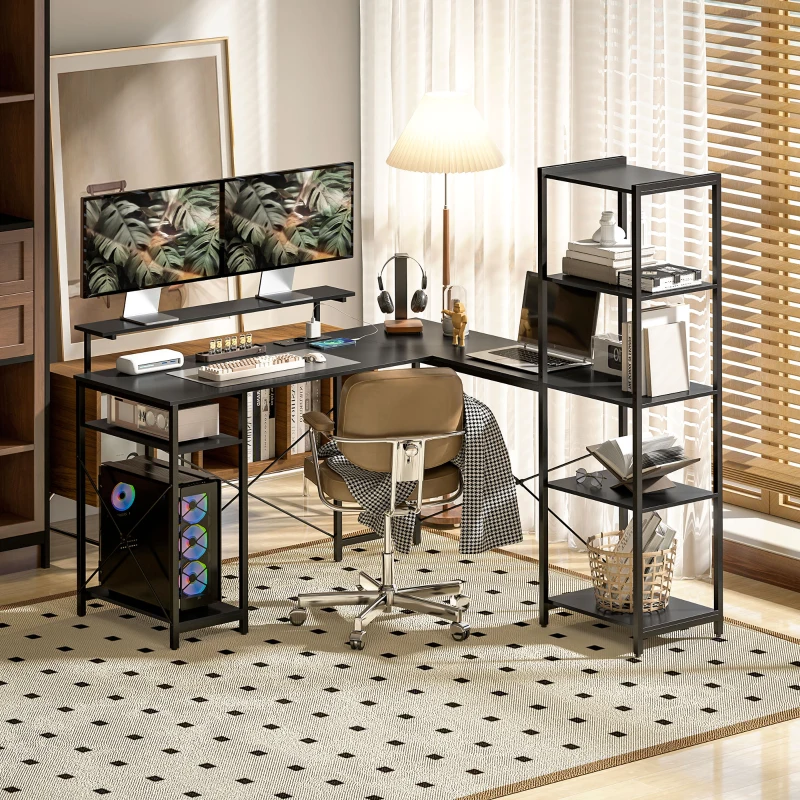 HOMCOM L-vormig bureau met oplaadstation, hoekcomputertafel met monitorstandaard en planken, voor thuiskantoor, kantoor, zwart(m-10)
