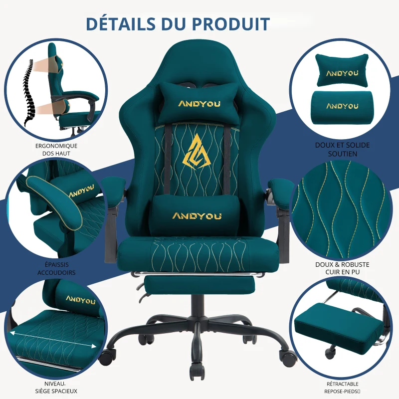 Chaise gaming avec repose-pieds, coussin doux pour la nuque et les lombaires, coussins de soutien amovibles, 60x60x122 cm, Bleu marine