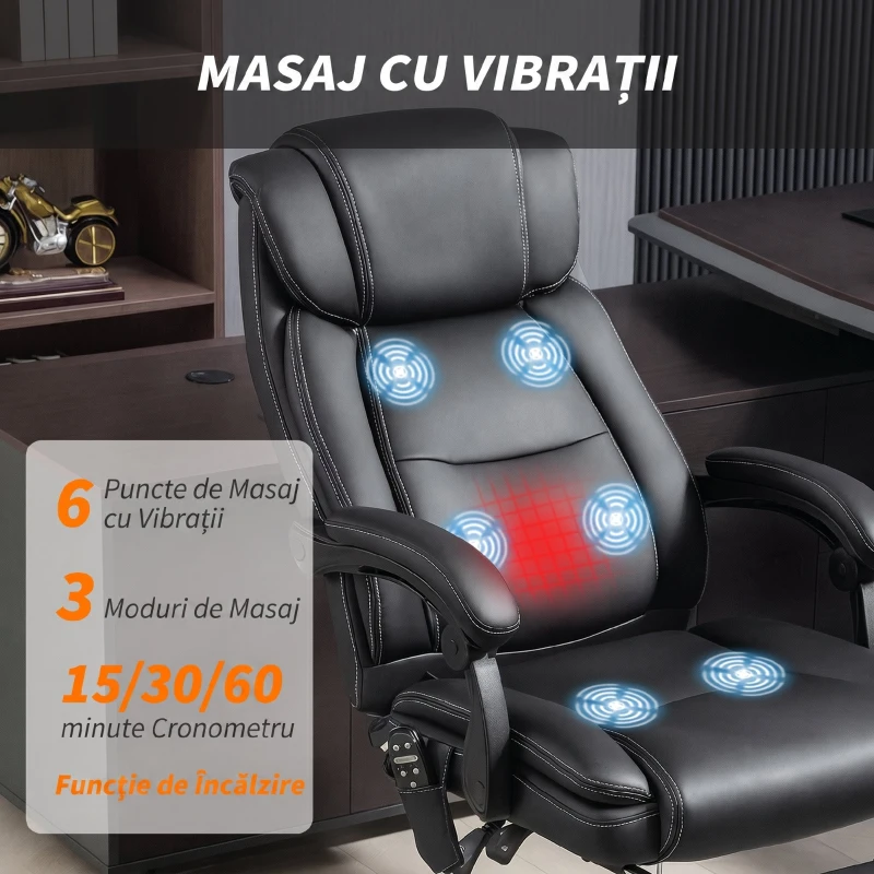 HOMCOM Scaun de Birou cu Masaj și Încălzire Reclinabil cu Telecomandă și Suport pentru Picioare, din Piele PU, Negru