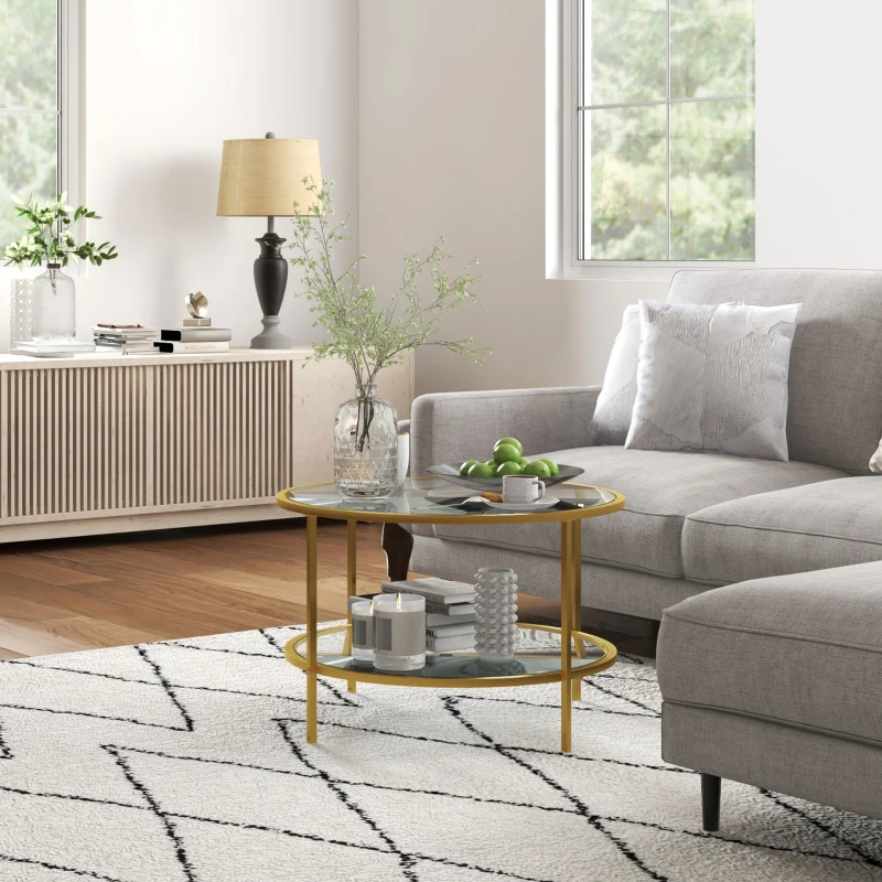 HOMCOM Round Coffee Table with Storage, 2-Tier Tempered Glass Coffee Table with Steel Frame for Living Room, Gold Tone