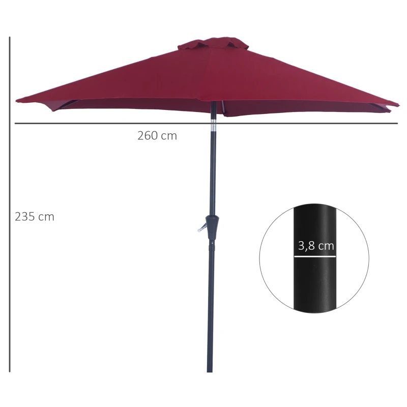 Outsunny Zonnescherm tuinscherm knikparasol strandparasol met handkruk aluminium wijnrood