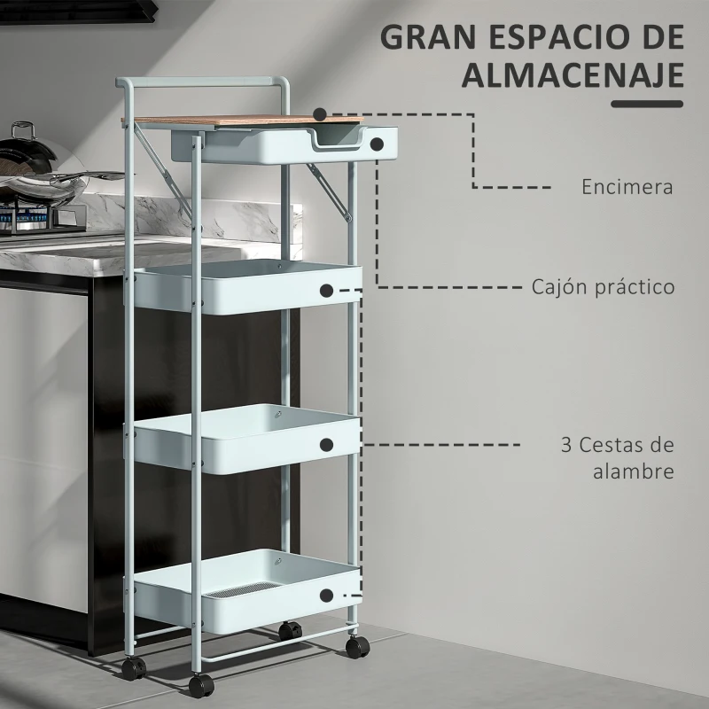 HOMCOM Carrito Auxiliar con Ruedas de 4 Niveles con Cajón Encimera y Cestas de Rejilla para Dormitorio Baño Cocina Verde Claro