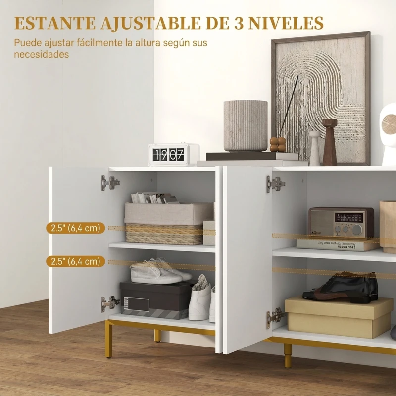 HOMCOM Aparador de Salón de 4 Puertas con Estantes Ajustables y Patas Doradas 140x40x75 cm para Entrada Dormitorio Blanco