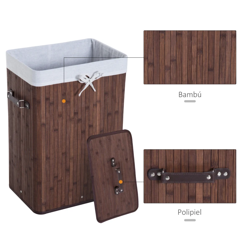 HOMCOM Cesto para la Ropa Sucia Plegable con Tapa Cubo para la Colada Rectangular con Asas 40x30x60 cm Marrón