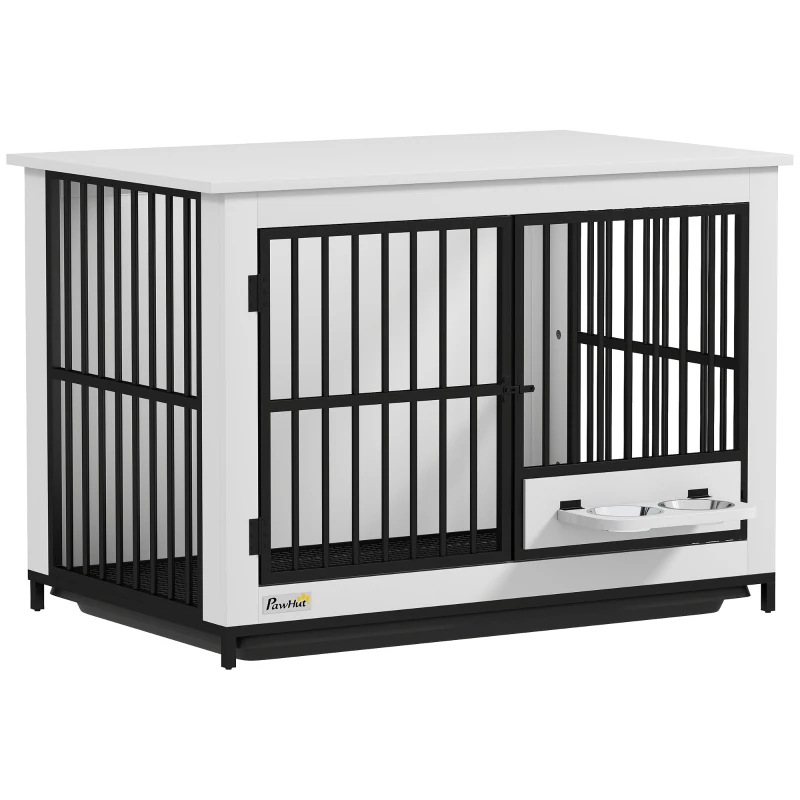 PawHut Grote hondenbox, gemakkelijke toegang, vergrendeld, draaibare komhouder, voor kleine en grote honden, Wit(m-11)