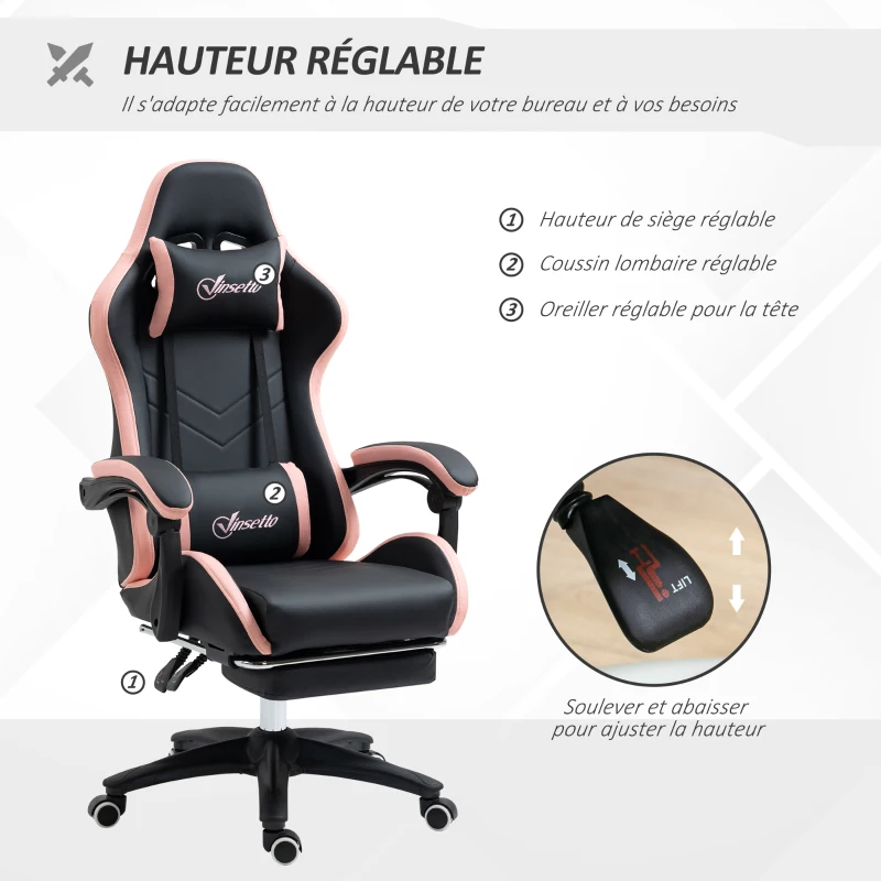 Vinsetto Chaise gaming fauteuil gaming ergonomique avec dossier inclinable à 135° et soutien lombaire, 65 x 65 x 121-129 cm rose