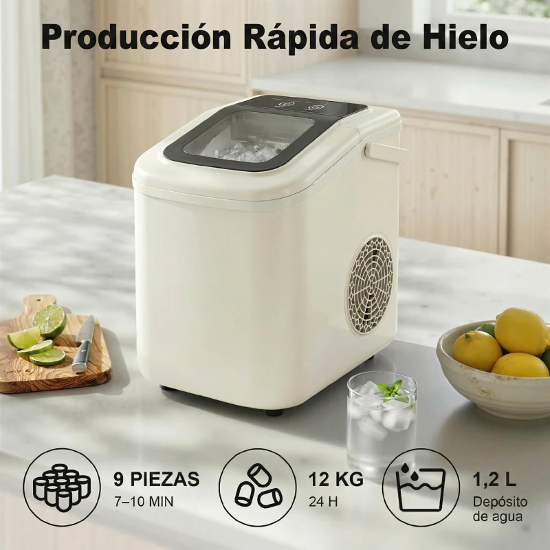 HOMCOM Máquina de Hielo Autolimpiable 12 kg/24H 9 Cubitos Listos en 7 Minutos 2 Tamaños de Hielo 1,2L Depósito Beige