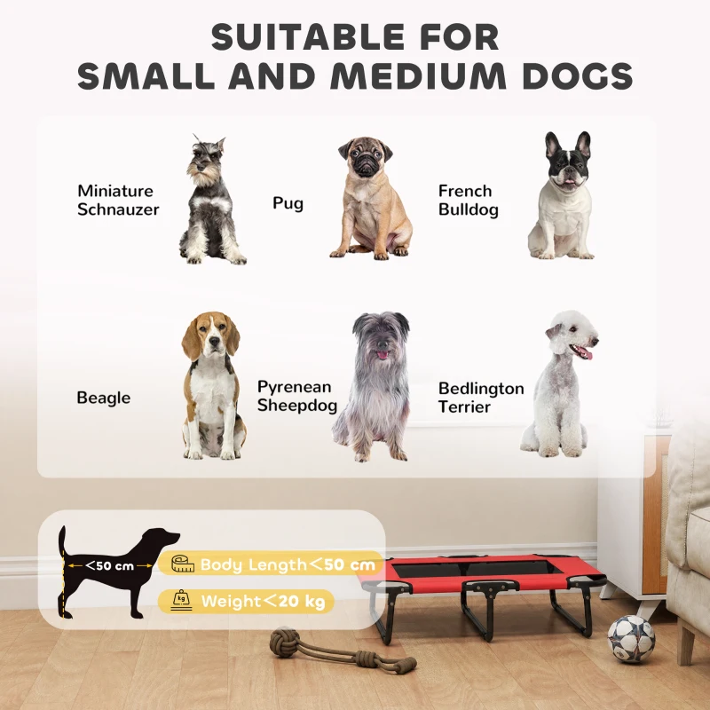 PawHut Portable Raised Dog Bed, Elevated Pet Cot with Breathable Mesh for Indoor Outdoor, for Small Medium Dogs, Red