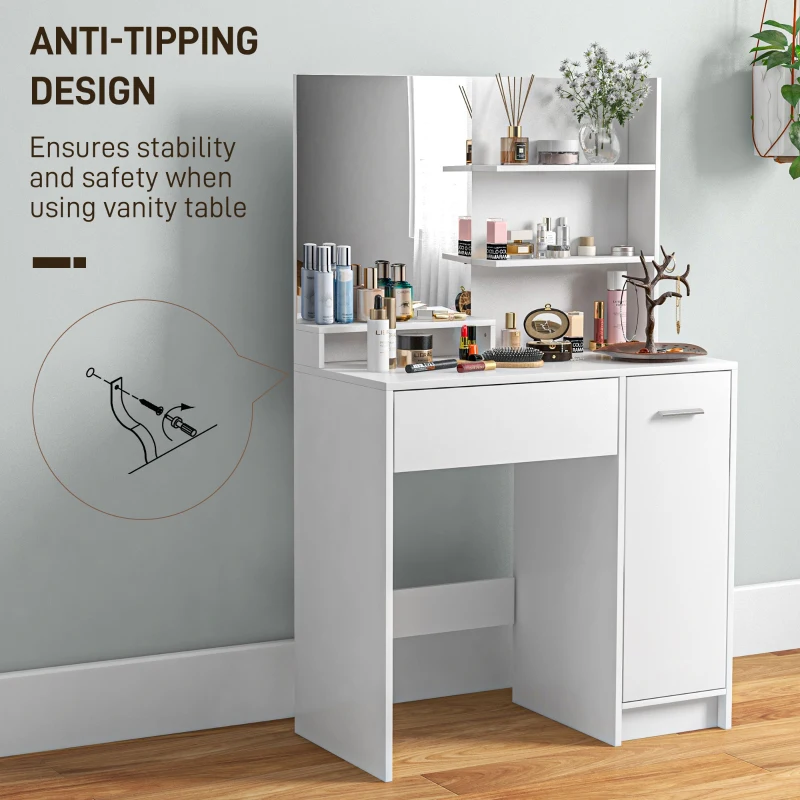 HOMCOM Dressing Table and Stool Set, with Storage - White