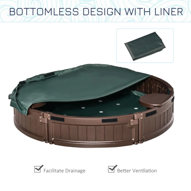 Outsunny Sand Pit Kids Outdoor Plastic Round Sandbox w/ Water-Resistant Oxford Cover Bottom Fabric Liner for 3-12 years Brown