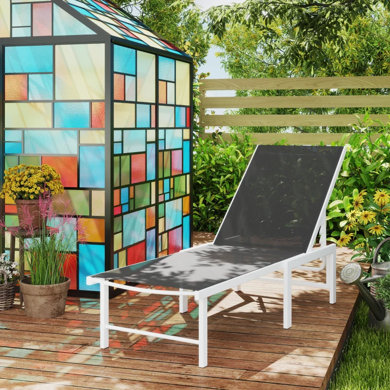 Outsunny Lettino Sdraio con Schienale Regolabile su 5 Livelli, in Acciaio e Textilene, 60x166x84 cm, Bianco e Grigio