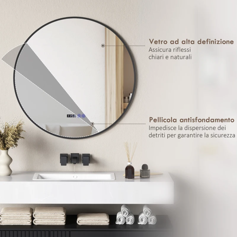 HOMCOM Specchio Bagno con Luce LED Regolabile, Antiappannamento e Display Tempo e Temperatura, Ø70 cm, Nero