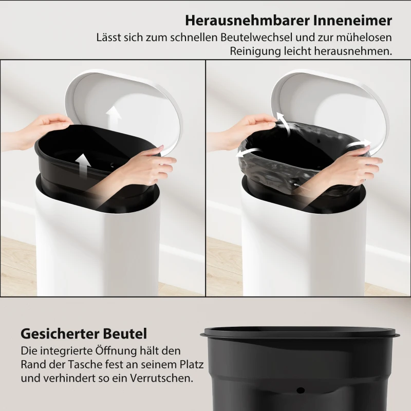 HOMCOM Afvalemmer 12L Pedaalemmer met deksel, voetpedaal, binnenemmer, soft-close functie, 30 x 25,5 x 37,5 cm, wit