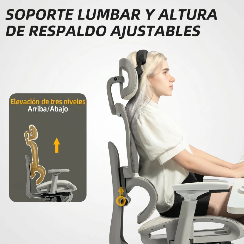 HOMCOM Silla de Oficina Ergonómica de Malla con Reposabrazos 3D Reclinable a 135° Reposacabezas Ajustable Beige