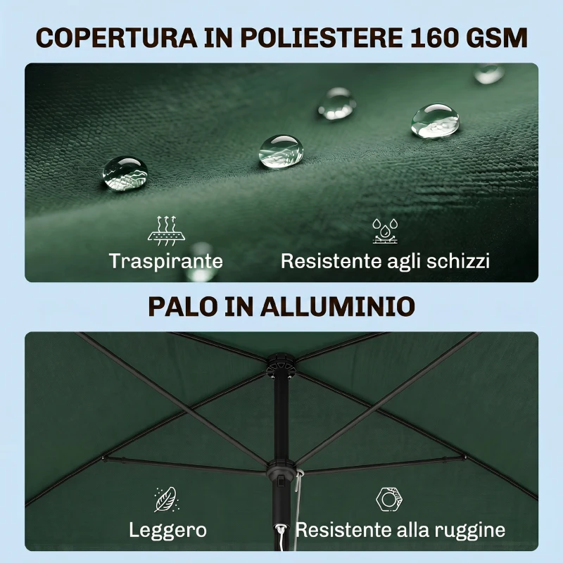 Outsunny Ombrellone da Giardino Rettangolare 2x1.3m con Inclinazione Regolabile e Palo in Alluminio, Verde e Nero