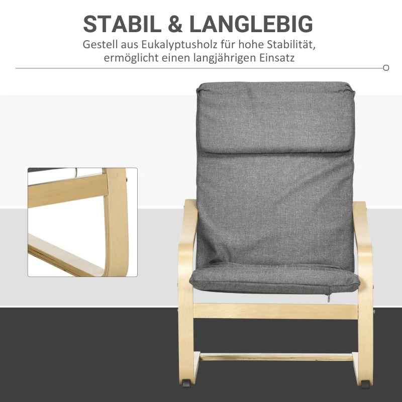 HOMCOM Fauteuil in linnenlook met hoofdsteun en armleuningen, houten frame, grijs+naturel