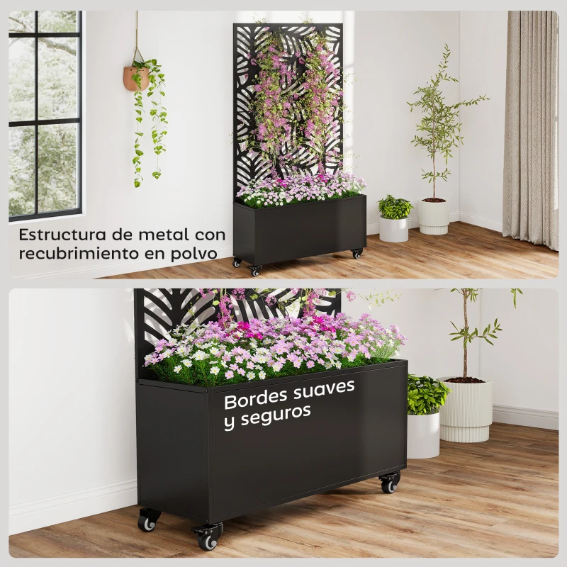 Outsunny Jardinera Exterior Grande con Ruedas Pantalla de Privacidad de Hojas de Monstera Marco Metal 90x30x160 cm Negro