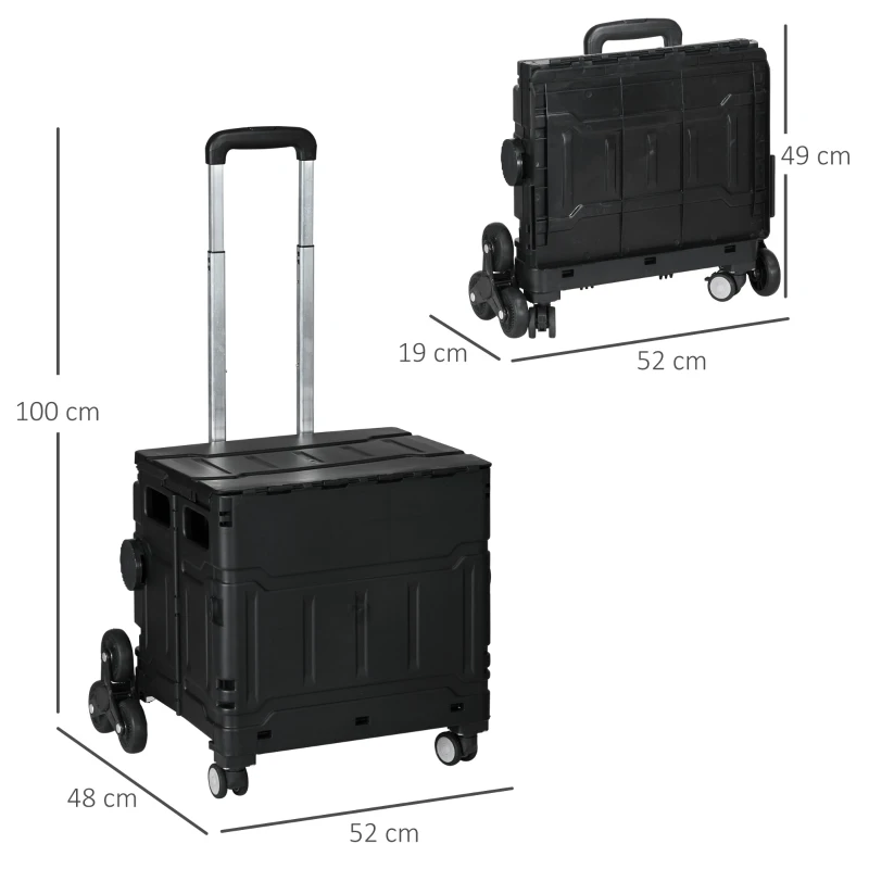 HOMCOM Winkelwagen Winkeltrolley, Trappenklimmer, Opvouwbaar, Telescopische Greep, tot Max. 65 Kilo Belastbaar, Zwart