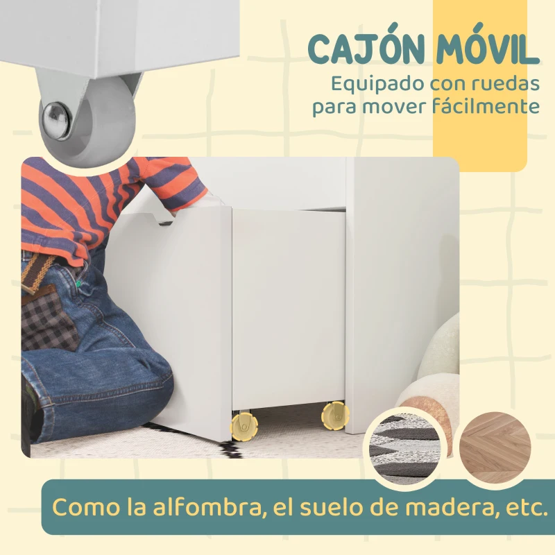 AIYAPLAY Librería Infantil de 4 Niveles Estantería para Libros Infantil con 3 Estantes y 1 Cajón con Ruedas 62,5x30x70 cm Blanco
