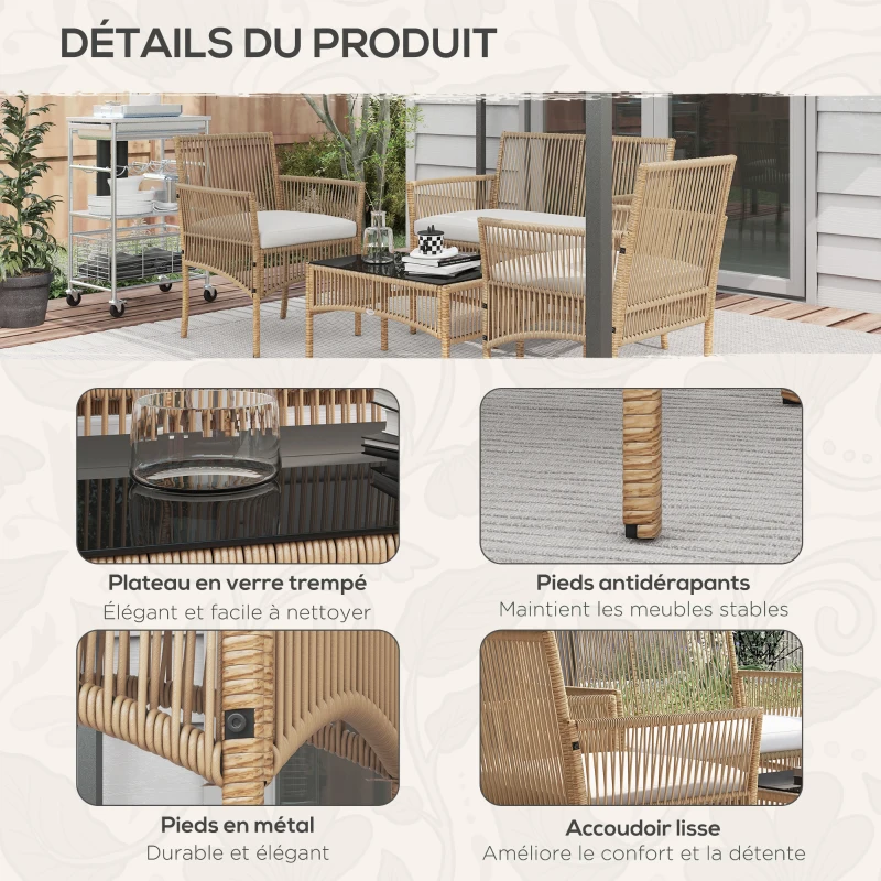 Outsunny Ensemble salon de jardin 4 pièces canapé 2 places 2 fauteuils 1 table basse plateau verre trempé