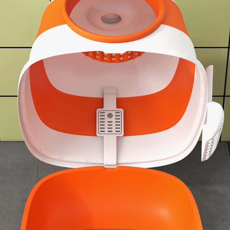 PawHut Kattenbak met Deksel en Strooischep, voor Katten tot 5 kg, 52x41x38 cm, Wit/Oranje