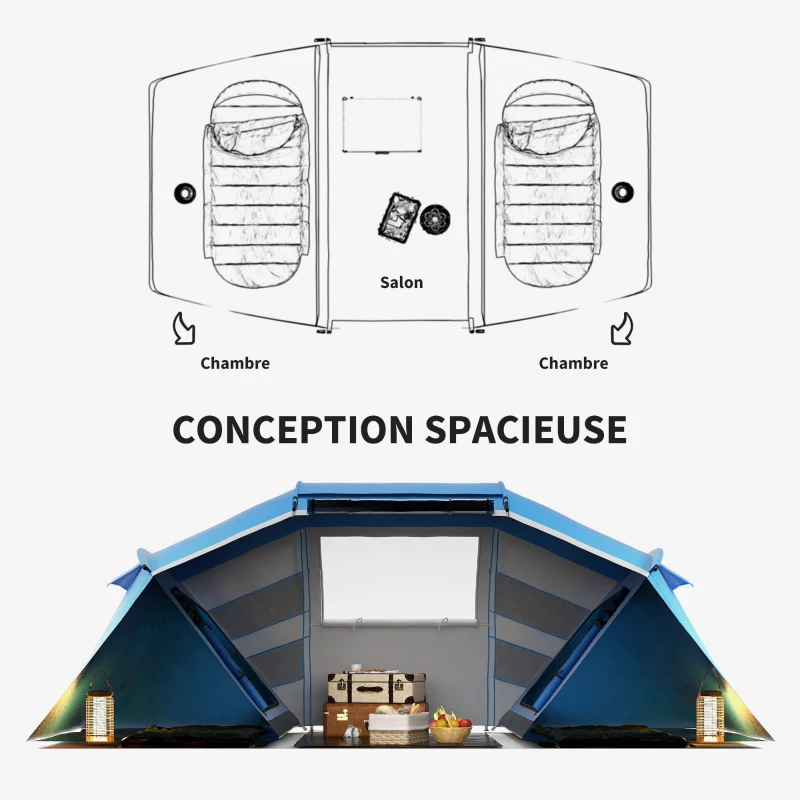 Outsunny Tente de camping familiale 4 personnes tente dôme étanche légère, ventilée 2 cabines fenêtre grande porte facile à monter 4,3L x 2,4l x 1,7H m bleu blanc