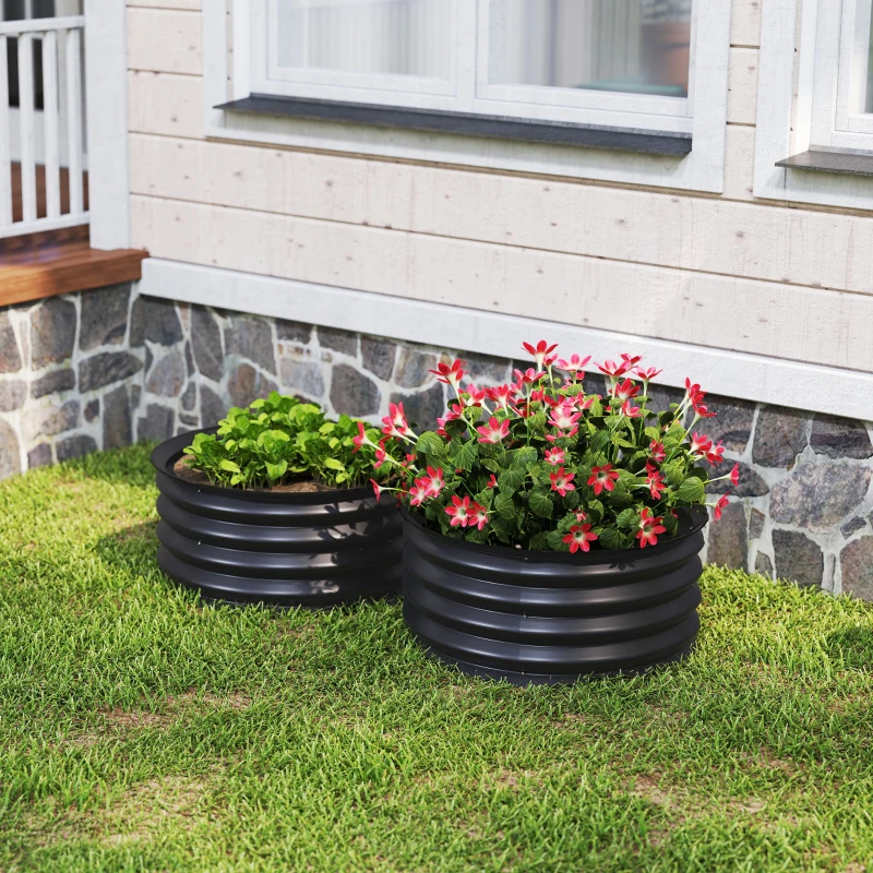 Outsunny 2-delige set verzinkte plantenbakken, Ø60 x 30H cm bloempotten met open bodem voor diverse planten, Donkergrijs