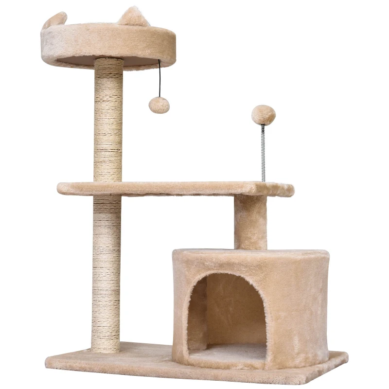 PawHut kattenboom 3 verdiepingen krabpaal kattengrot met sisal palen krabplank pluche beige