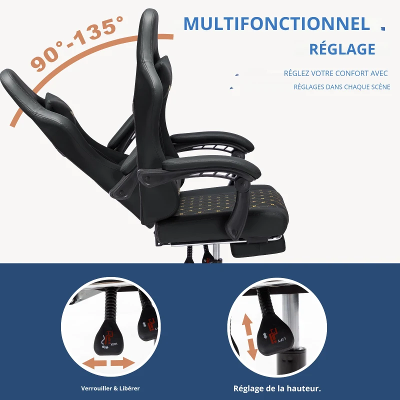 Fauteuil gamer avec repose-pieds, coussin doux pour la nuque et les lombaires, coussin de soutien amovible, 60x60x122 cm, Noir