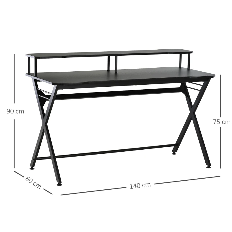 HOMCOM Mesa Gaming 140x60 cm Escritorio para Computadora PC con Estante Elevado para Monitor Gancho para Auriculares Negro